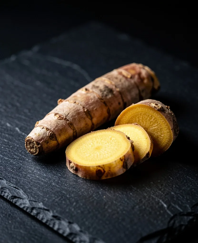 Akar kunyit dan ginseng di permukaan batu gelap